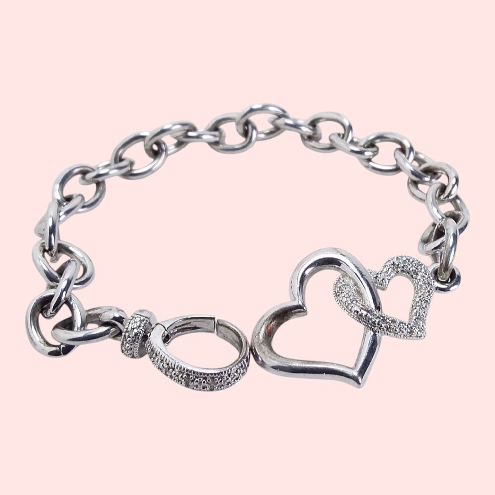 Vtg Brighton Bracelet Hearts Love Mother Child Chain Link Silver Plated 7 1/8in